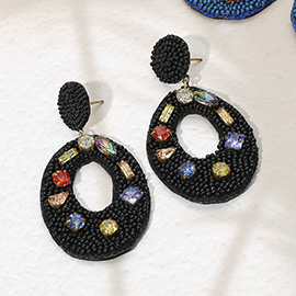 Multi Stone Embellished Seed Beaded Cut Out Oval Dangle Earrings