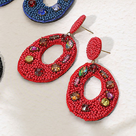 Multi Stone Embellished Seed Beaded Cut Out Oval Dangle Earrings