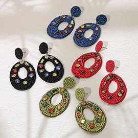 Multi Stone Embellished Seed Beaded Cut Out Oval Dangle Earrings
