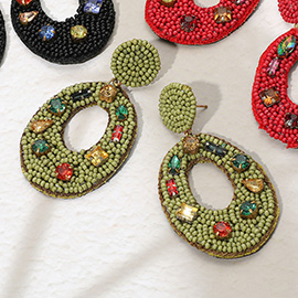 Multi Stone Embellished Seed Beaded Cut Out Oval Dangle Earrings
