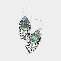 Abalone Accented Embossed Metal Oval Dangle Earrings