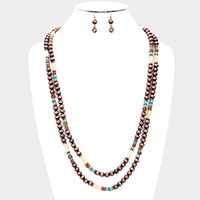 Burnished Metal Ball Wood Beaded Long Necklace