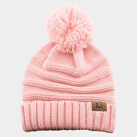 Cable Knit Ribbed Chunk Pom Pom Beanie Hat