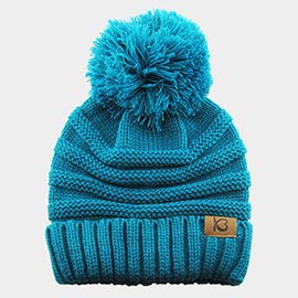 Cable Knit Ribbed Chunk Pom Pom Beanie Hat