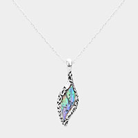 Abalone Centered Embossed Metal Petal Pendant Necklace