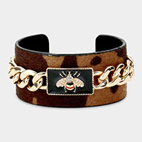 Honey Bee Metal Chain Accented Cattle Patterned Cuff Bracelet