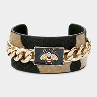 Honey Bee Metal Chain Accented Cattle Patterned Cuff Bracelet