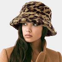 Leopard Patterned Soft Faux Fur Bucket Hat