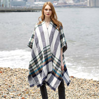 Reversible Plaid Check Patterned Poncho