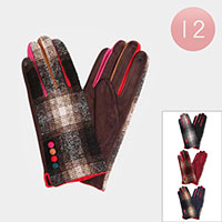 12Pairs - Tartan Check Patterned Multi Color Edge Detailed Smart Gloves