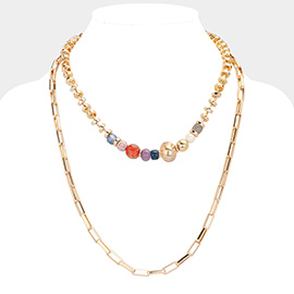 Pearl Multi Bead Accented Double Layered Bib Necklace