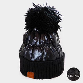 Fleece Lining  Puffer Knit Pom Pom Beanie Hat