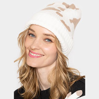 Cow Patterned Ribbed Knit Cuff Beanie Hat