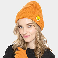 SMILE Patch Pointed Ribbed Knit Beanie Hat