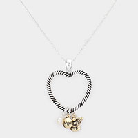 Open Metal Heart Pearl Angel Link Pendant Necklace