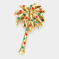 Stone Embellished Metal Palm Tree Pin Brooch / Pendant