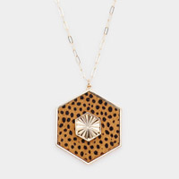 Cheetah Patterned Genuine Leather Hexagon Pendant Long Necklace