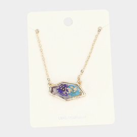 Angled Metal Trimmed Pressed Flower Pendant Necklace