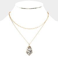 Cheetah Patterned Genuine Leather Angled Pendant Double Layered Necklace