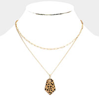 Cheetah Patterned Genuine Leather Angled Pendant Double Layered Necklace