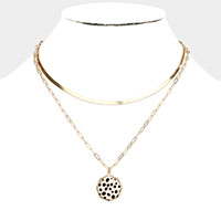 Cheetah Patterned Genuine Leather Octagon Pendant Double Layered Necklace