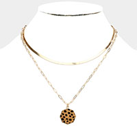 Cheetah Patterned Genuine Leather Octagon Pendant Double Layered Necklace