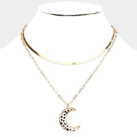 Cheetah Patterned Genuine Leather Crescent Moon Pendant Double Layered Necklace