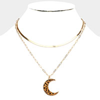 Cheetah Patterned Genuine Leather Crescent Moon Pendant Double Layered Necklace