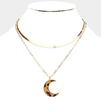 Leopard Patterned Genuine Leather Crescent Moon Pendant Double Layered Necklace