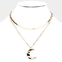 Leopard Patterned Genuine Leather Crescent Moon Pendant Double Layered Necklace