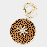 Cheetah Patterned Genuine Leather Calf Round Keychain