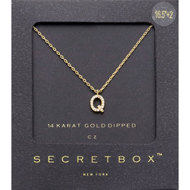 -Q- Secret Box _ 14K Gold Dipped CZ Monogram Pendant Necklace