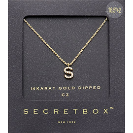 -S- Secret Box _ 14K Gold Dipped CZ Initial Monogram Pendant Necklace