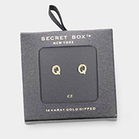 -Q- Secret Box _ 14K Gold Dipped CZ Monogram Stud Earrings