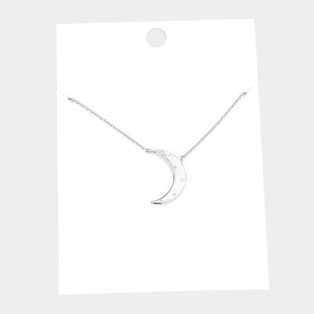 Rhinestone Embellished Brass Metal Crescent Moon Pendant Necklace