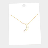 Rhinestone Embellished Brass Metal Crescent Moon Pendant Necklace