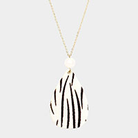Zebra Patterned Teardrop Pendant Long Necklace