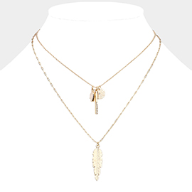 Natural Stone Rhinestone Metal Bar Feather Pendant Double Layered Necklace