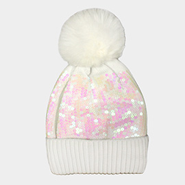 Sequin Embellished Pom Pom Beanie Hat