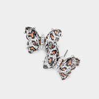 Leopard Patterned Glitter Butterfly Stud Earrings