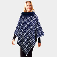 Patterned Faux Fur Collar Poncho