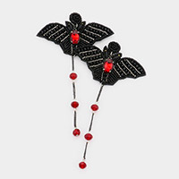 Bat Accented Dropped Chain Faceted Bead Link Dangle Earrings