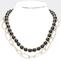 Beaded Open Metal Oval Link Double Layered Necklace