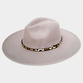 Leopard Patterned Faux Leather Band Solid Panama Hat