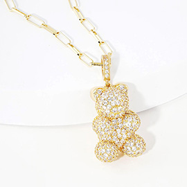 Gold Dipped CZ Embellished Metal Bear Pendant Necklace