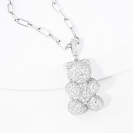 White Gold Dipped CZ Embellished Metal Bear Pendant Necklace