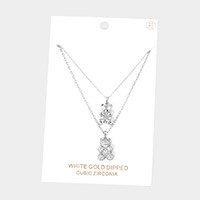 White Gold Dipped CZ Embellished Metal Bear Pendant Double Layered Necklace