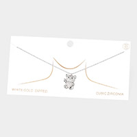 White Gold Dipped CZ Embellished Metal Bear Pendant Necklace