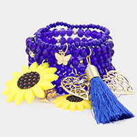 7PCS - Sunflower Butterfly Heart Tree of Life Tassel Charm Faceted Beaded Stretch Bracelets
