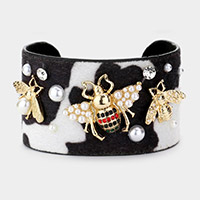 Pearl Rhinestone Triple Honey Bee Accented Cow Patterned Faux Leather Cuff Bracelet